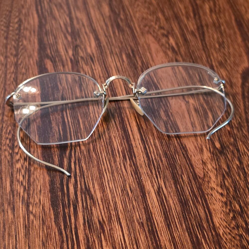 Vintage 12K Gold Filled Rimless Hexagon Glasses Art Deco American Optical Clear